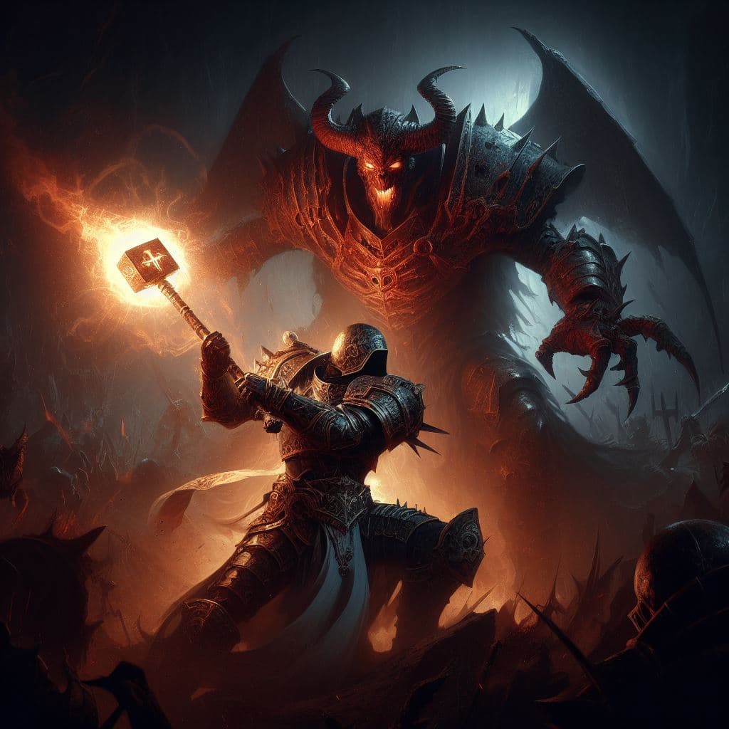 AI generated: A paladin locked in a fierce battle with a towering demon, wielding a glowing holy mace, surrounded ...