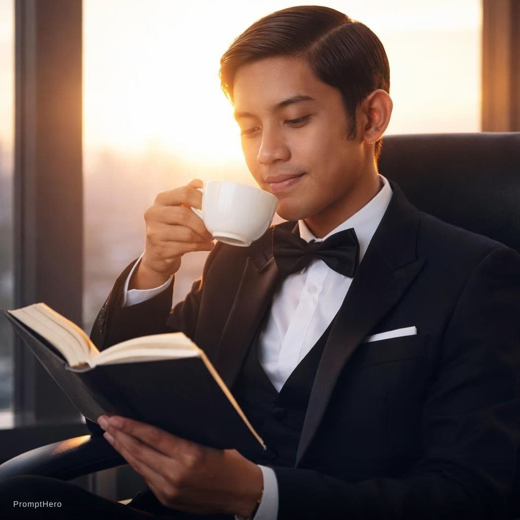 AI generated: Generate a photo of a business man sitting on a chair reading a book in his hand and drinking coffee...