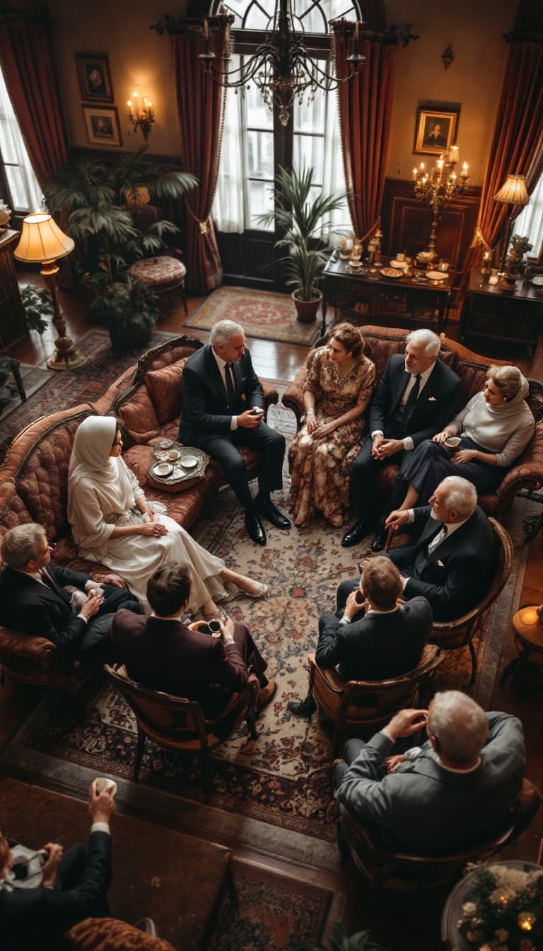 AI generated: high-angle shot of a 1950s Iranian engagement gathering in a spacious, well-decorated traditional ho...