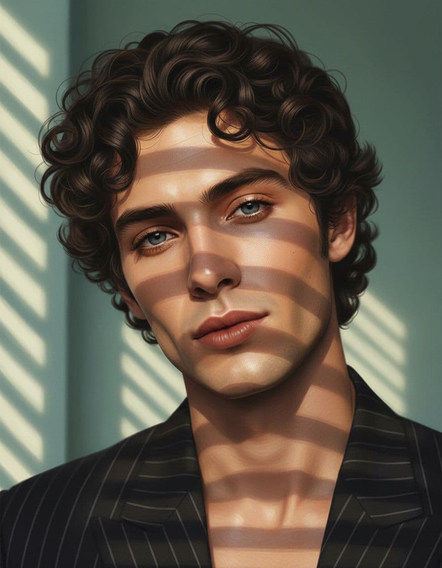 AI generated: Close-up portrait of a man illuminated by soft, warm afternoon light streaming through window blinds...