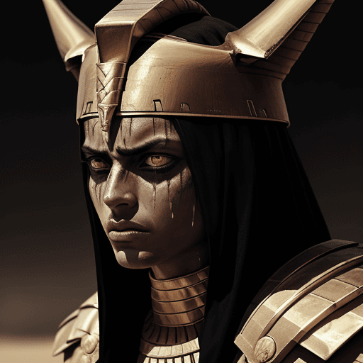 AI generated: Pharaoh looks at the enemy, stands after the battle, fear and horror on his face, tired and beaten, ...