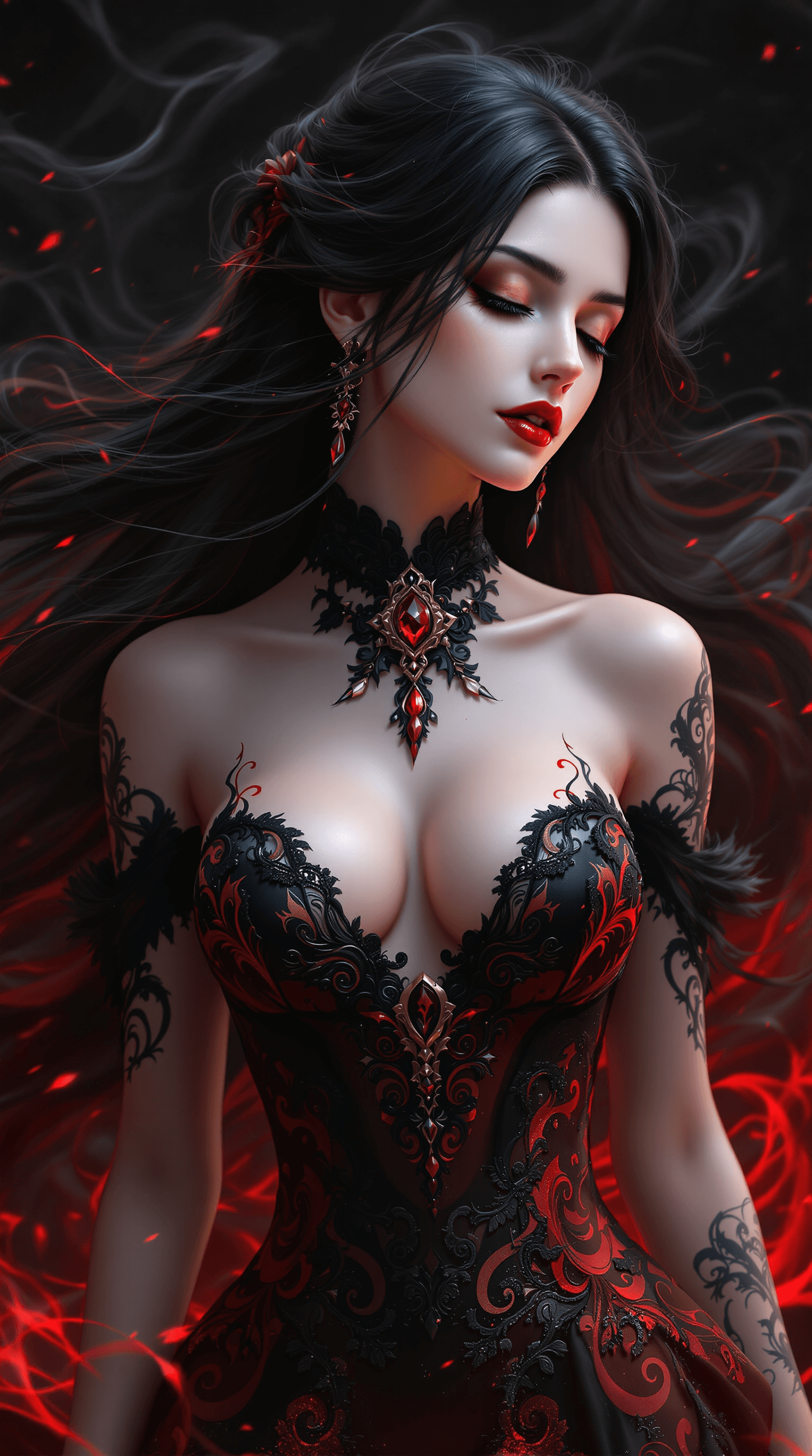 AI generated: A stunning gothic-inspired female character, depicted in a highly detailed and photorealistic art st...