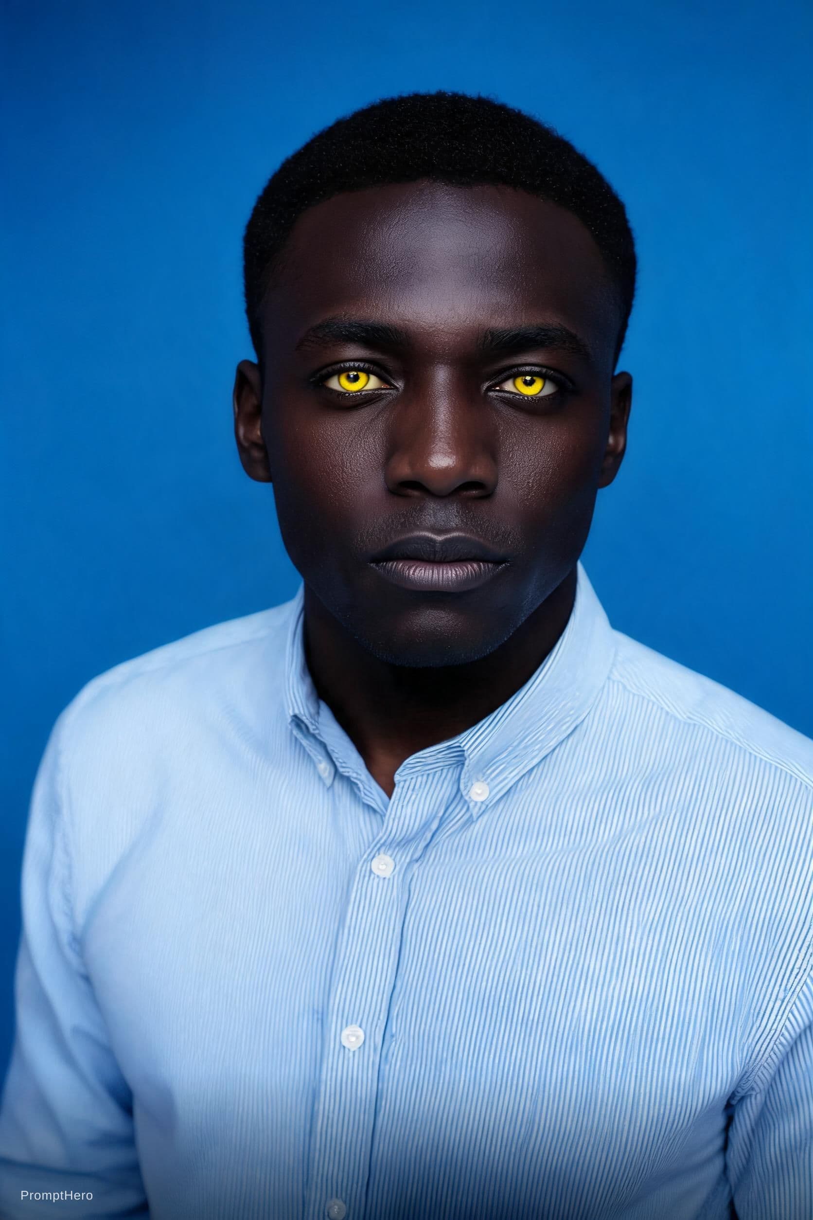 AI generated: photography,  blue hue, black man model, solid blue backdrop, yellow eyes detailing, using a camera ...