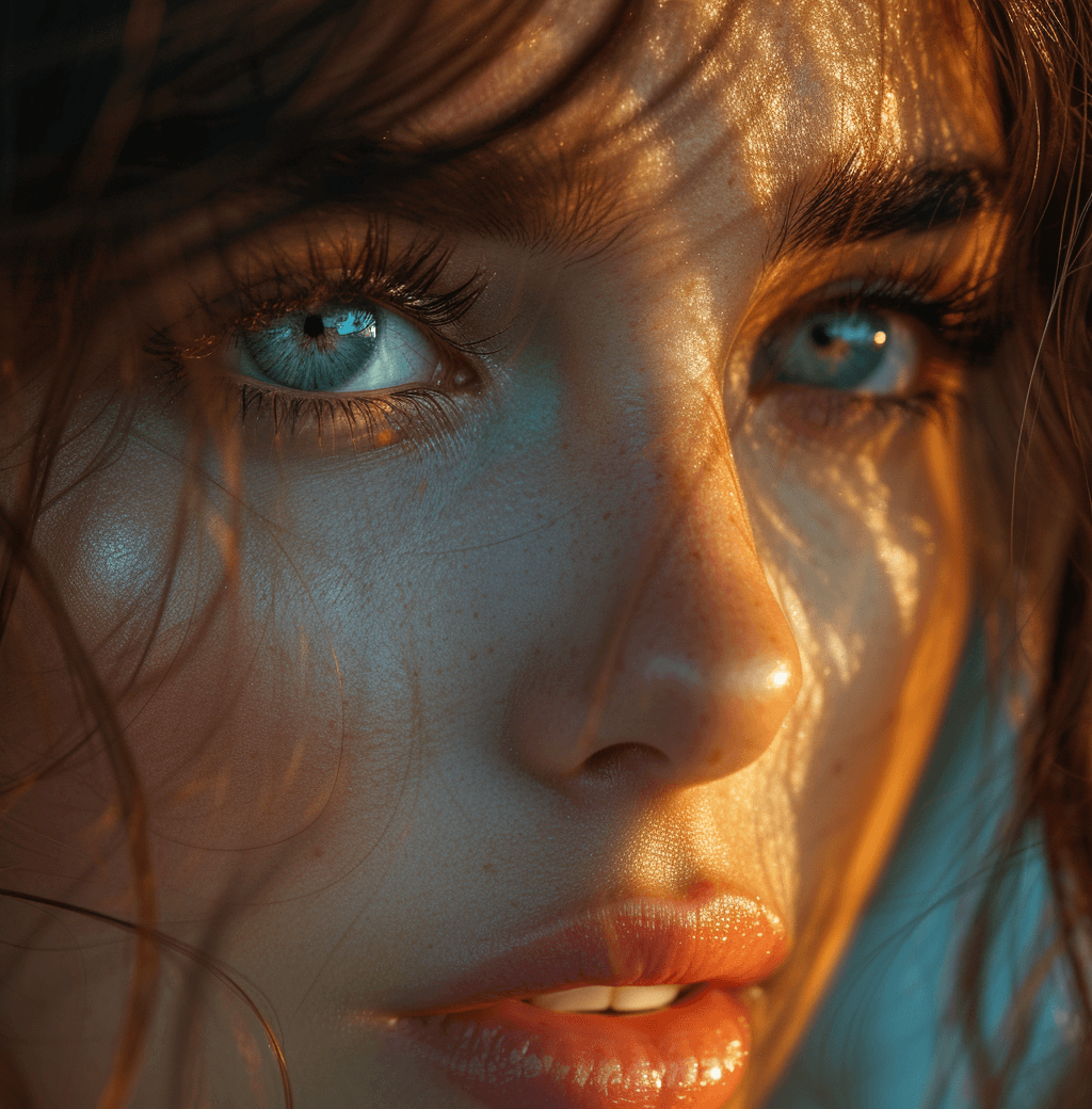 AI generated: a photo of a woman with blue eyes, in the style of light brown and light amber, luminous color palet...
