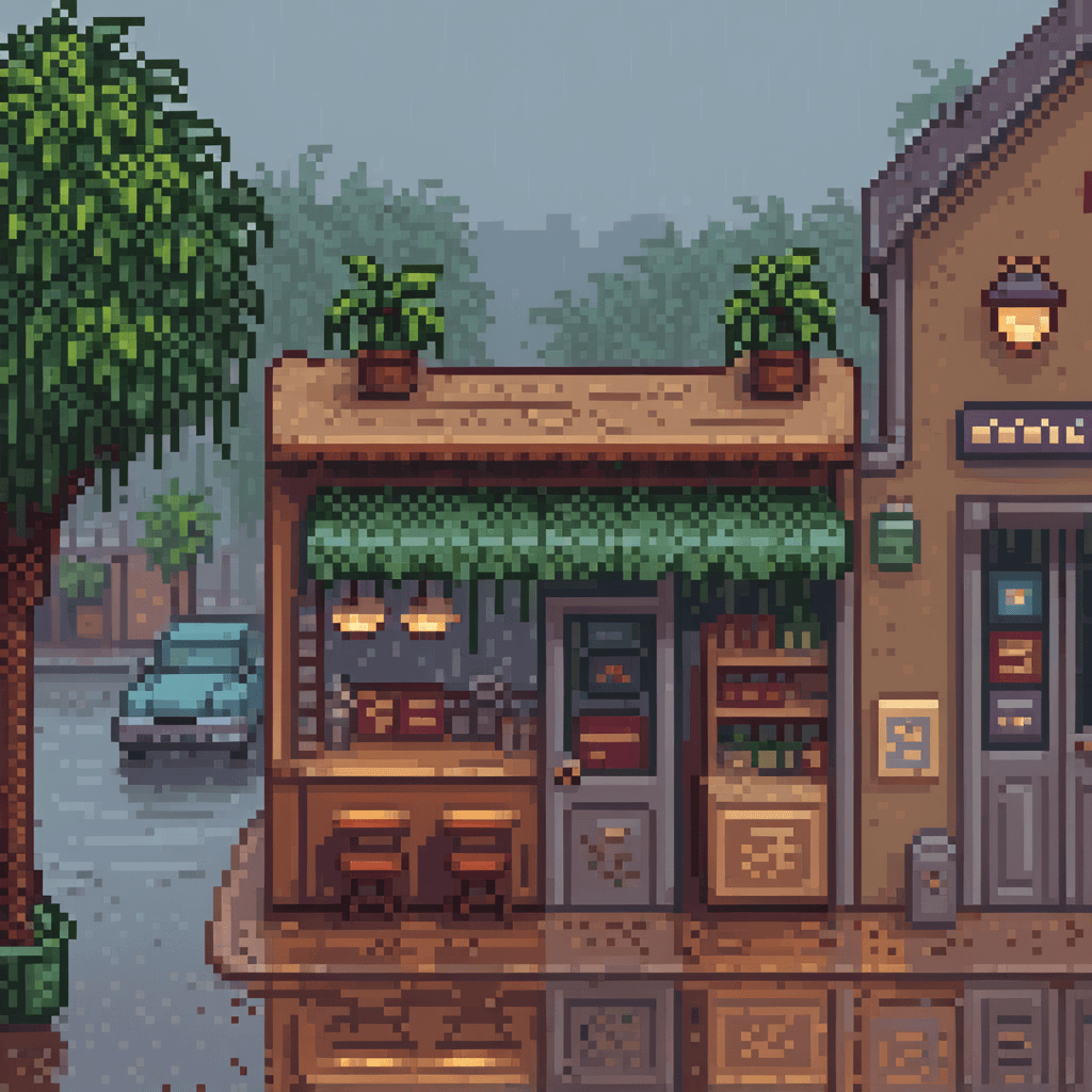 AI generated: 16 bit pixel art, outside of a coffeeshop on a rainy daycinematic still, hdr, SAI Pixel Art
