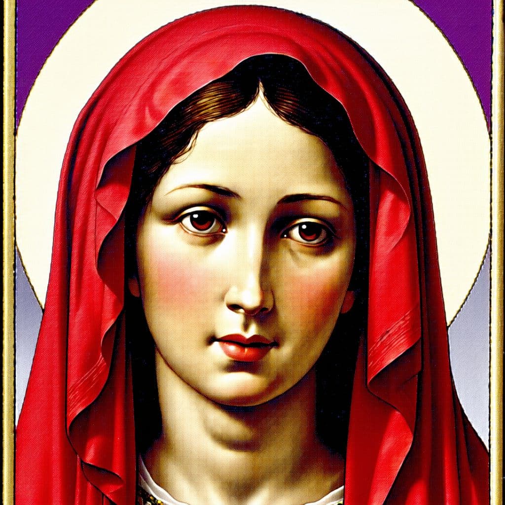 AI generated: the mary painting, in the style of light red and purple, tarot card, detailed facial features, haifa...