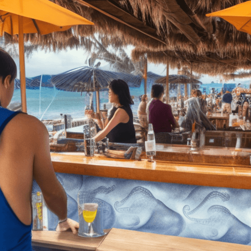 AI generated: octopus bartender serves fish customers at a beachside bar 
-variant 