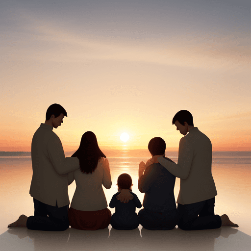 AI generated: make realistic picture where family is praying during sunrise