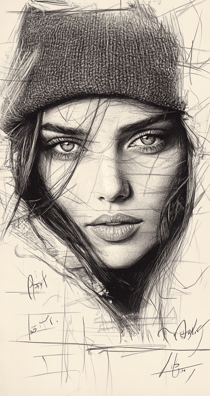 AI generated: An expressionist charcoal sketch, a stunning woman with piercing blue-green eyes, bold, intense, sou...
