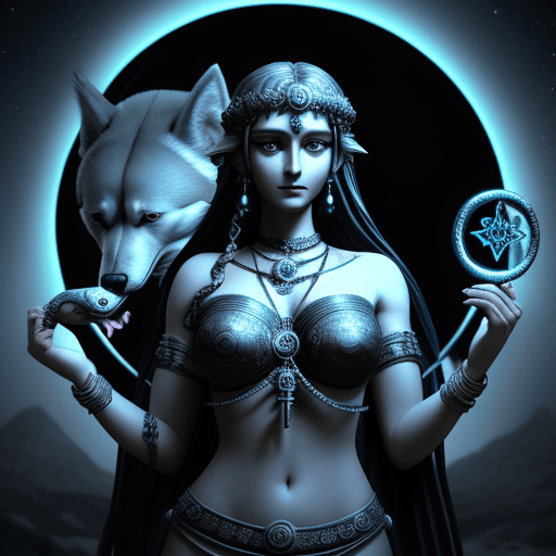 AI generated: gorgeous Godess Hecate with her symbols (two Dogs, Snake, Key), moon in background, 3 d style fotore...
