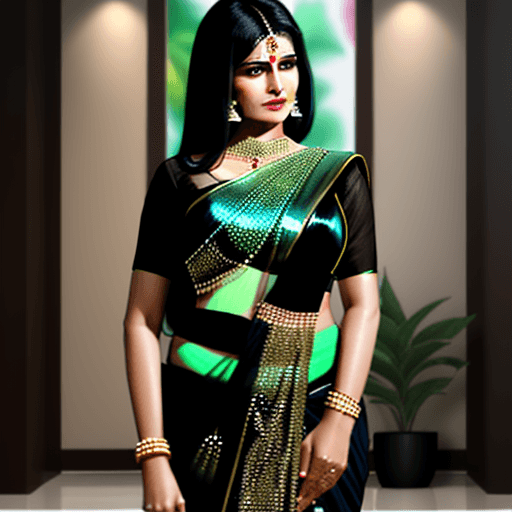 AI generated: Bold and gorgeous Indian mother wearing shiny transparent saree,  black hair,   ultra realistic visi...