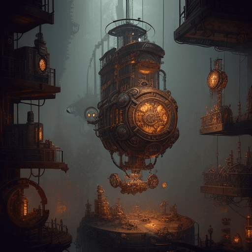 AI generated: A digital masterpiece of a steampunk-themed miniature world. Tiny airships cruise through the intric...