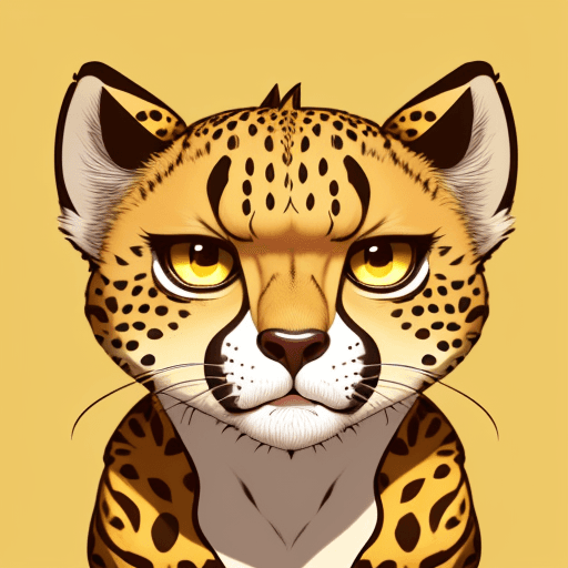 AI generated: illustration, vector cartoon-style, cute cheetah's face, zoom in, expressive eyes and a playful deme...