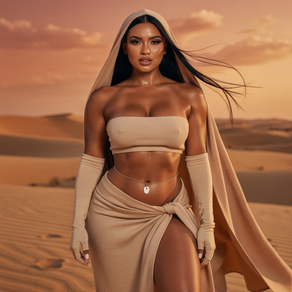 AI generated: voluptuous curvy woman with hourglass figure, tanned bronzed skin, long straight dark black hair flo...