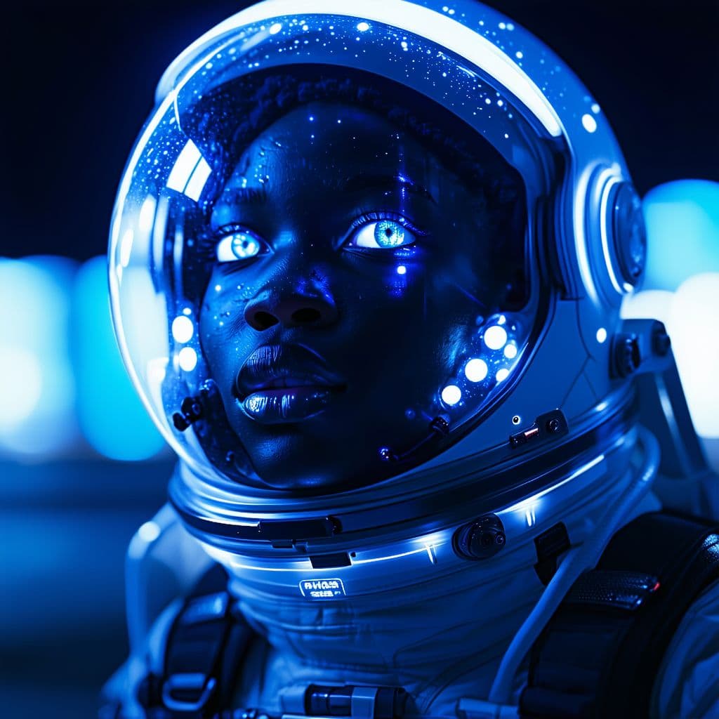 AI generated: Cinematic ultra realistic portrait of a bioluminescent  astronaut in a reflective helmet,glowing fac...