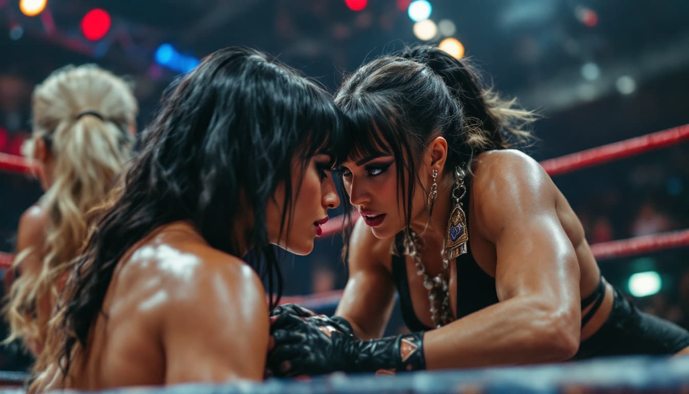AI generated: a wide-angle photo showing a female pro-wrestling match between two female wrestlers: Jenny versus T...