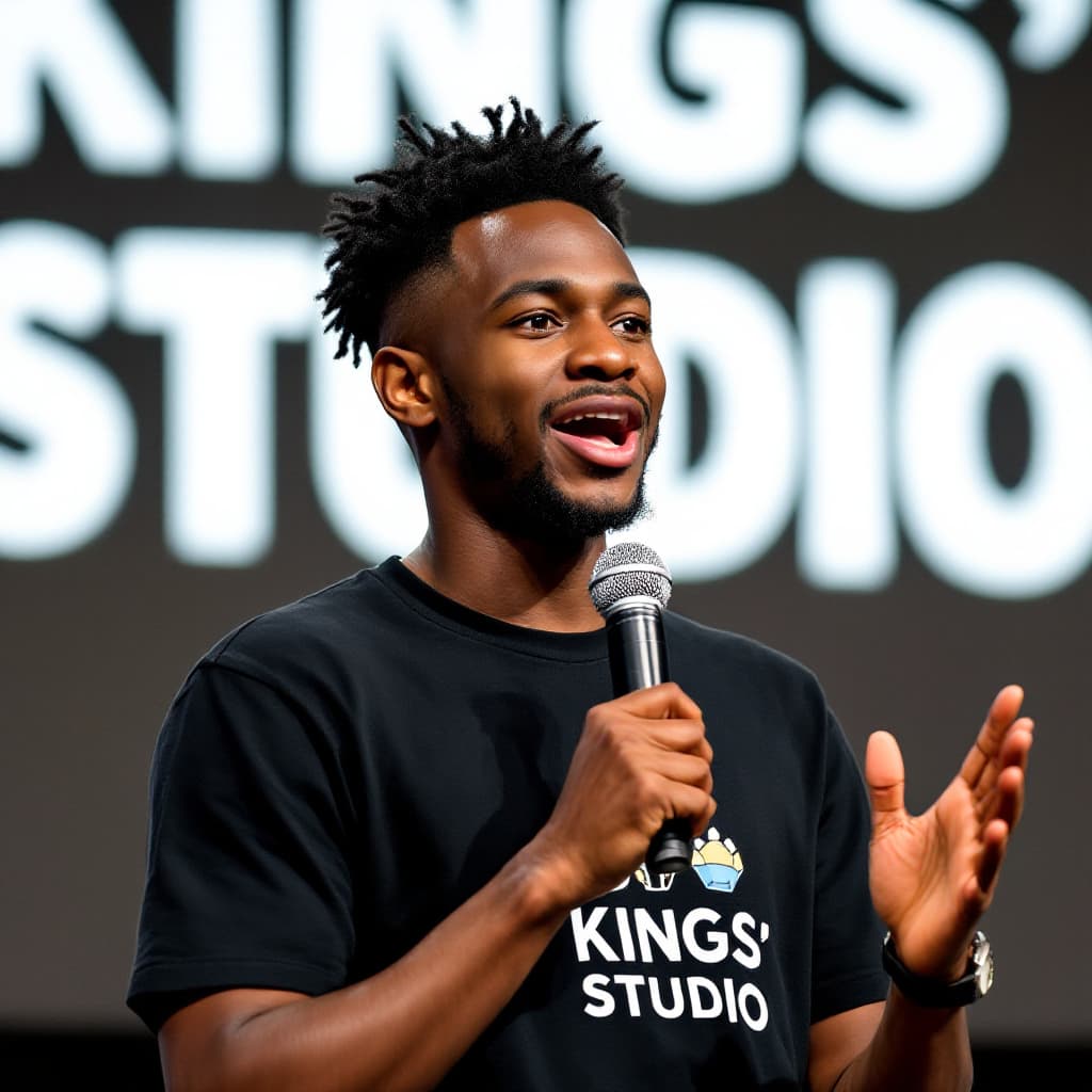 AI generated: An up-close image of a young, fair-skinned African person giving an animated talk about artificial i...