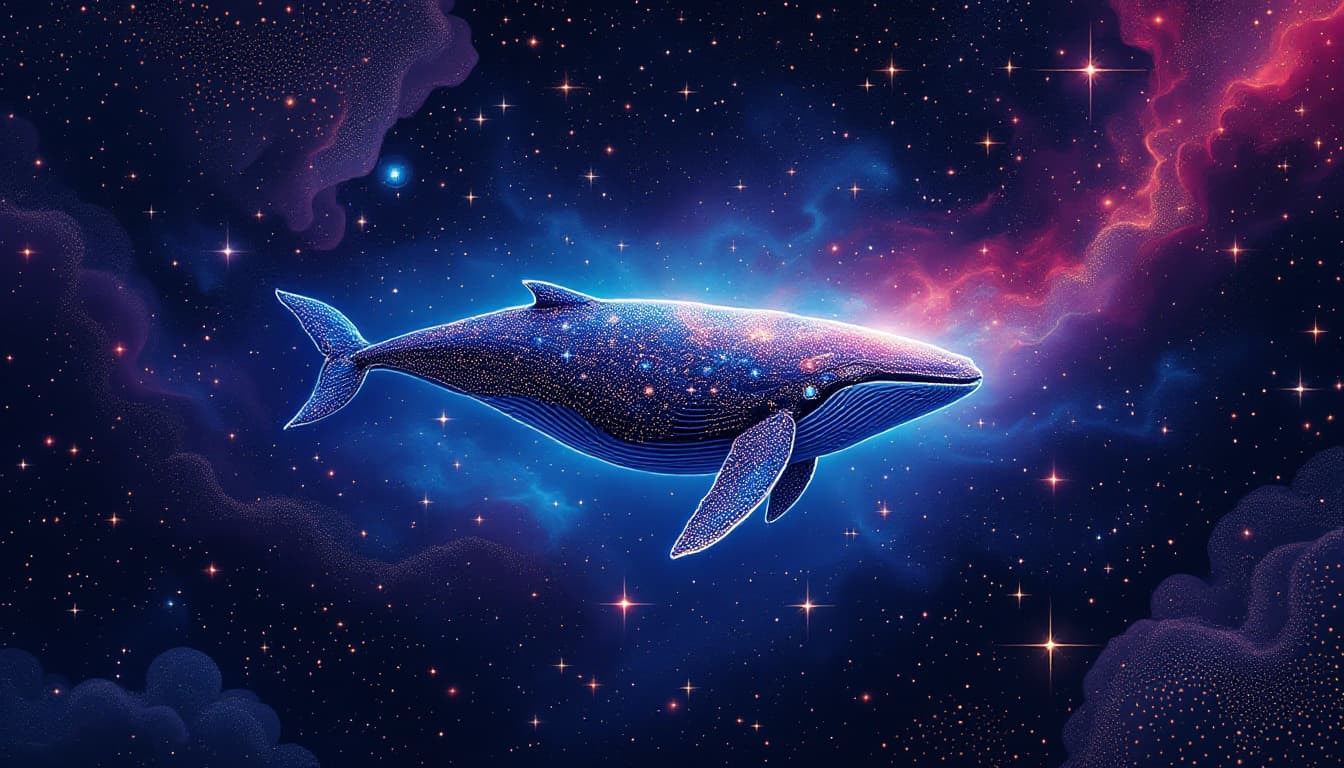 AI generated: Creative light art, rich burgundy and deep blue, psychedelic illustration. A celestial whale swims t...