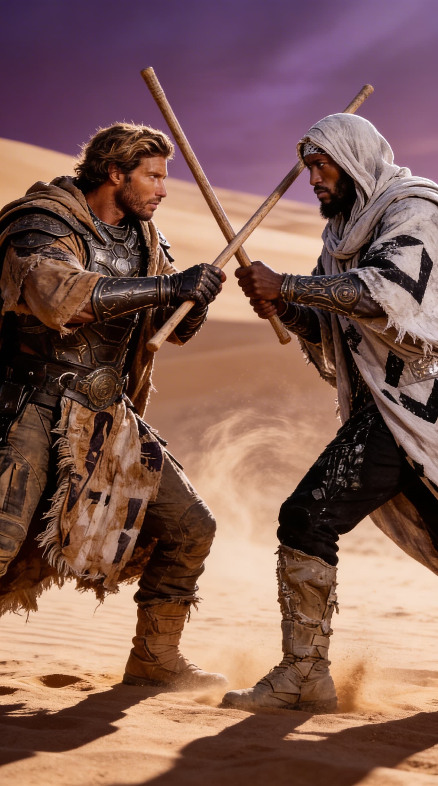 AI generated: Duel of two warriors , realistic, cinematic, detailed 