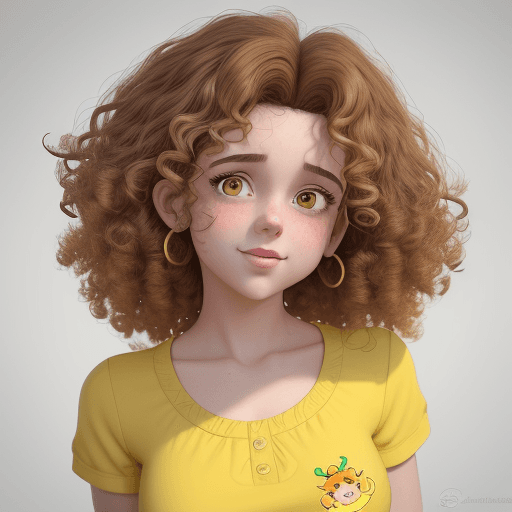 AI generated: a girl with curly hair and yellow shirt, in the style of rendered in cinema4d, charming characters, ...