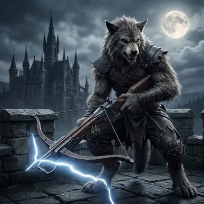 AI generated video: and man with a crossbow transforming into a werewolf