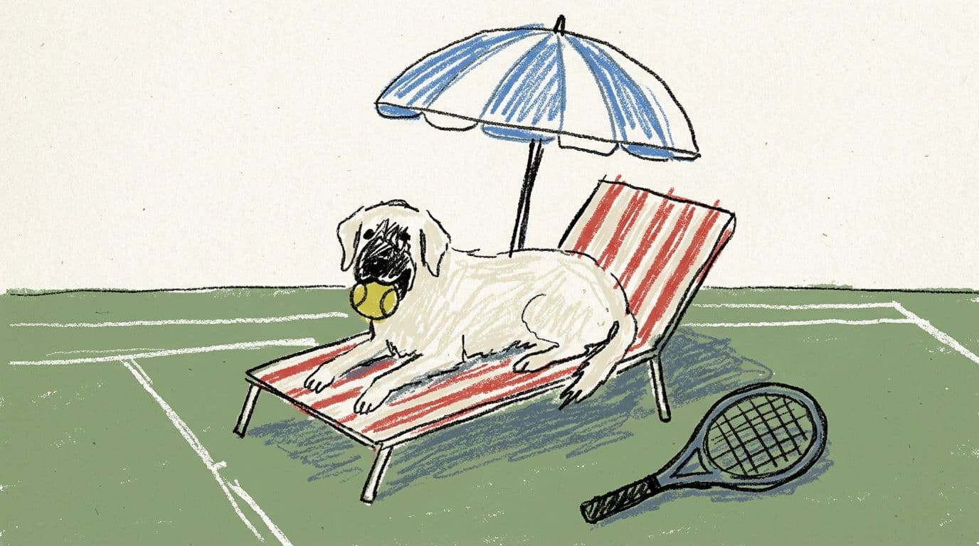 AI generated: white long-haired labrador lying under an umbrella 
on a classic summer striped sunbed holding a ten...