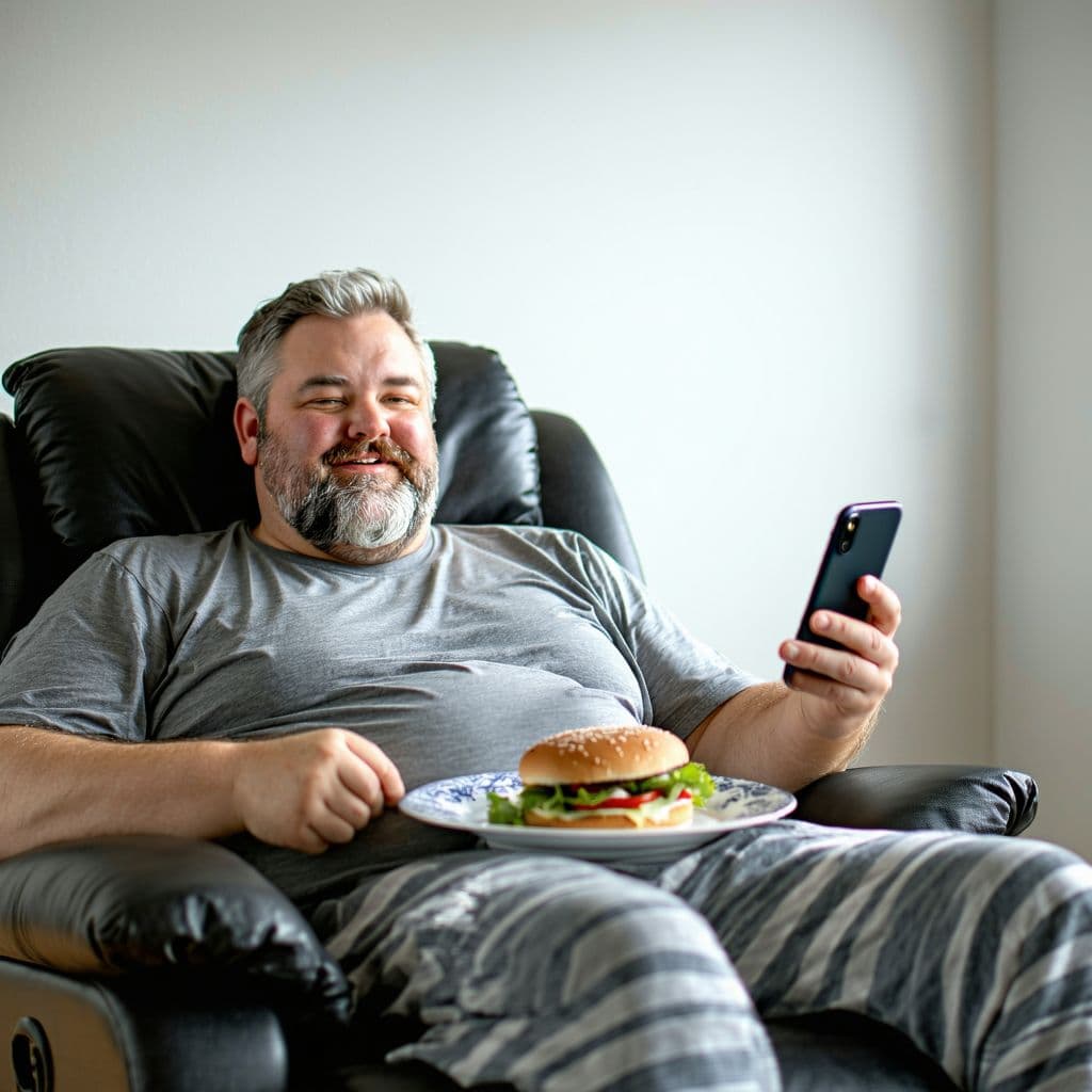 AI generated: Create a realistic 8k image of a scene with the camera pointing at a large man laying back in a recl...