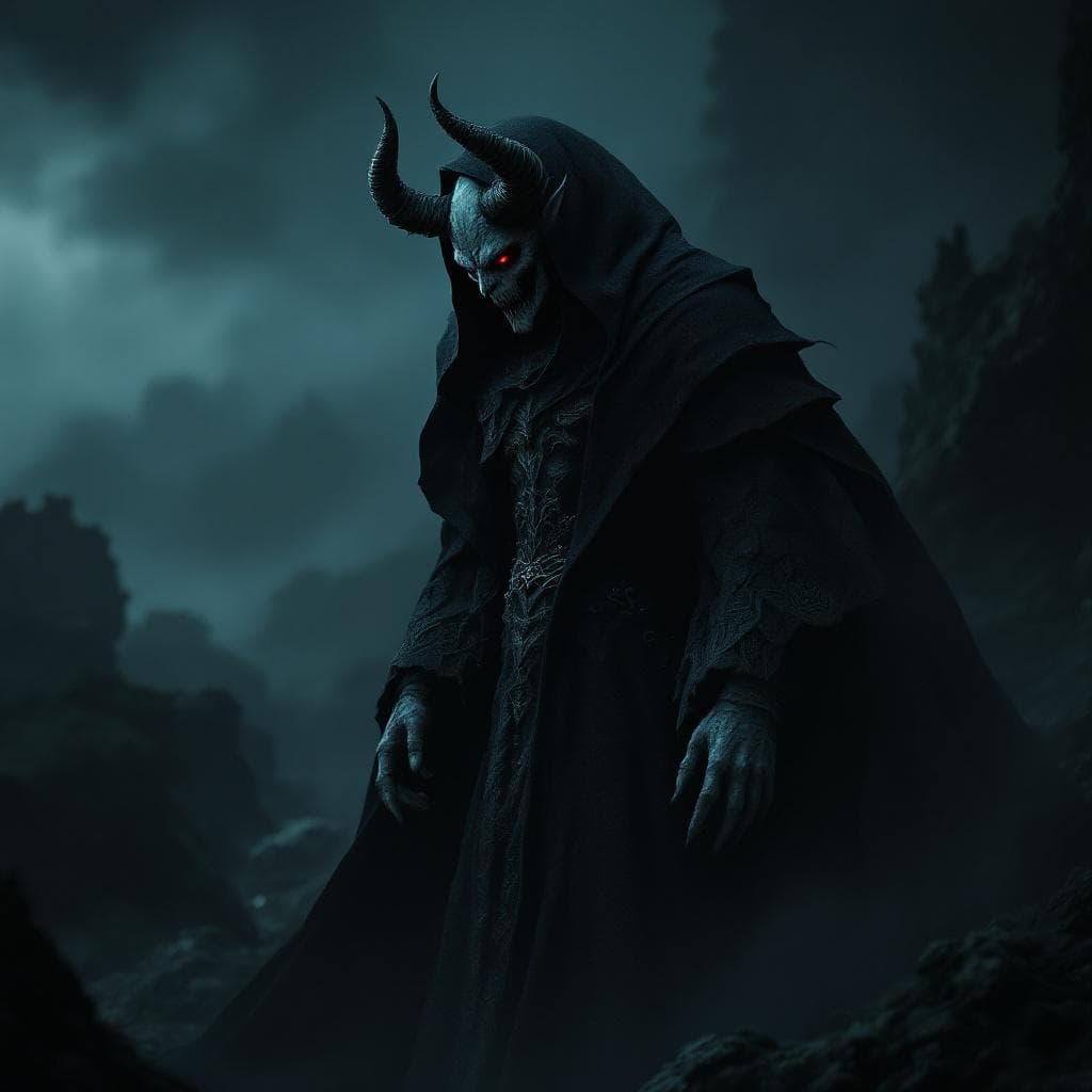 AI generated: demonic figure, dark robe with intricate details, imposing horns on head, dark and eerie landscape, ...