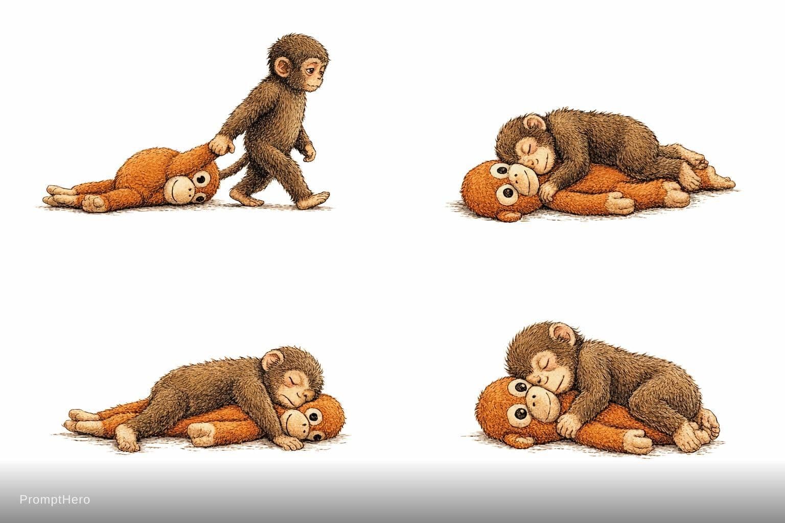 AI generated: vintage children's book illustration, funny emotional storytelling in 3 scenes, cute baby monkey wit...