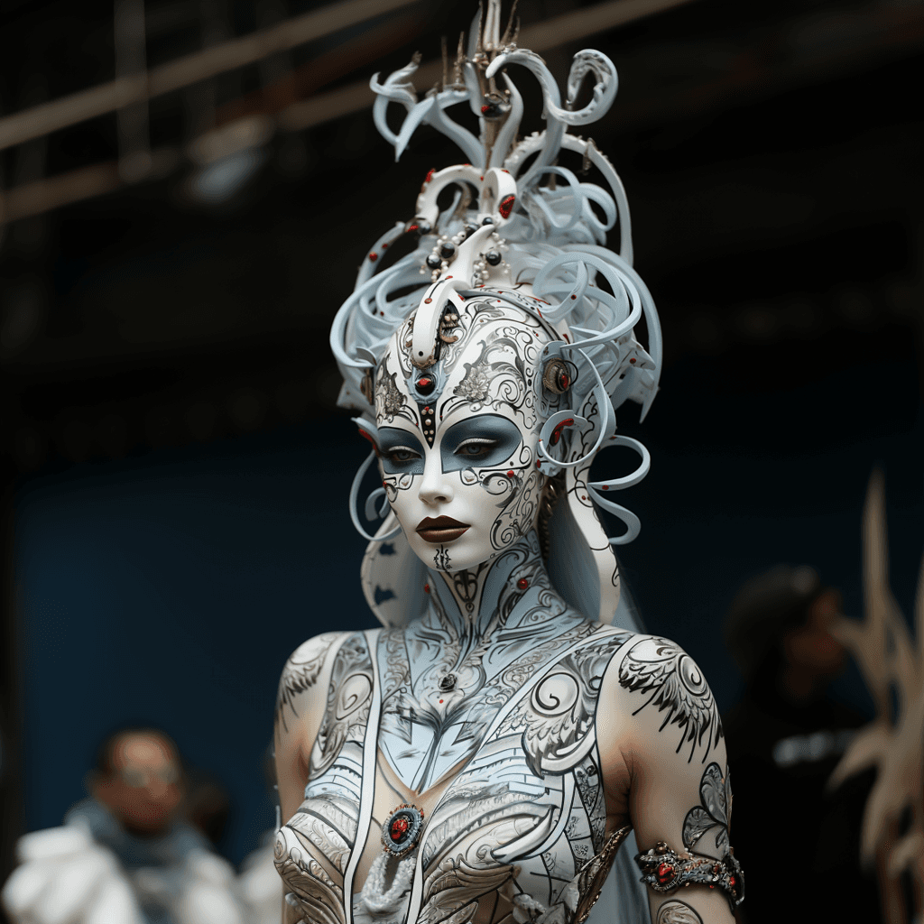 AI generated: a girl with a white face paint and black makeup, in the style of futuristic designs, dark white and ...