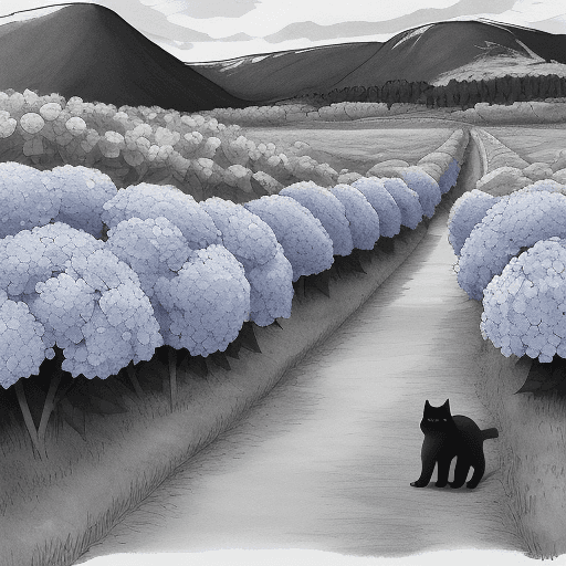 AI generated: imagine an ink sketch mix of hydrangea, camera, one black cat in norway landscape. 