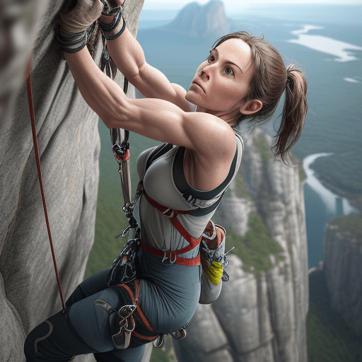 AI generated: Craft a hyper-realistic image of a woman rock climbing, captured from a top-down perspective that ac...