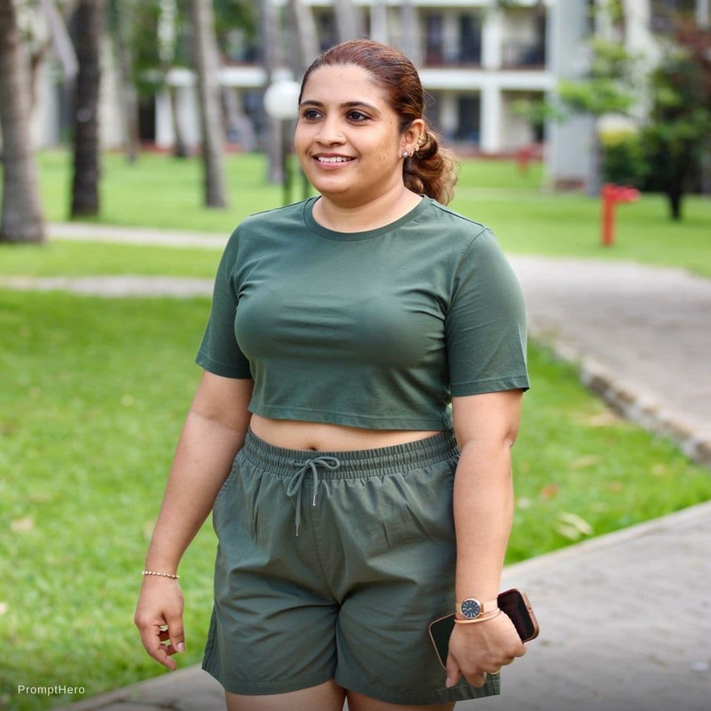 AI generated: Replace the outfit with a booty loose cut booty shorts and deep neck cleavage crop top. Keep the ori...