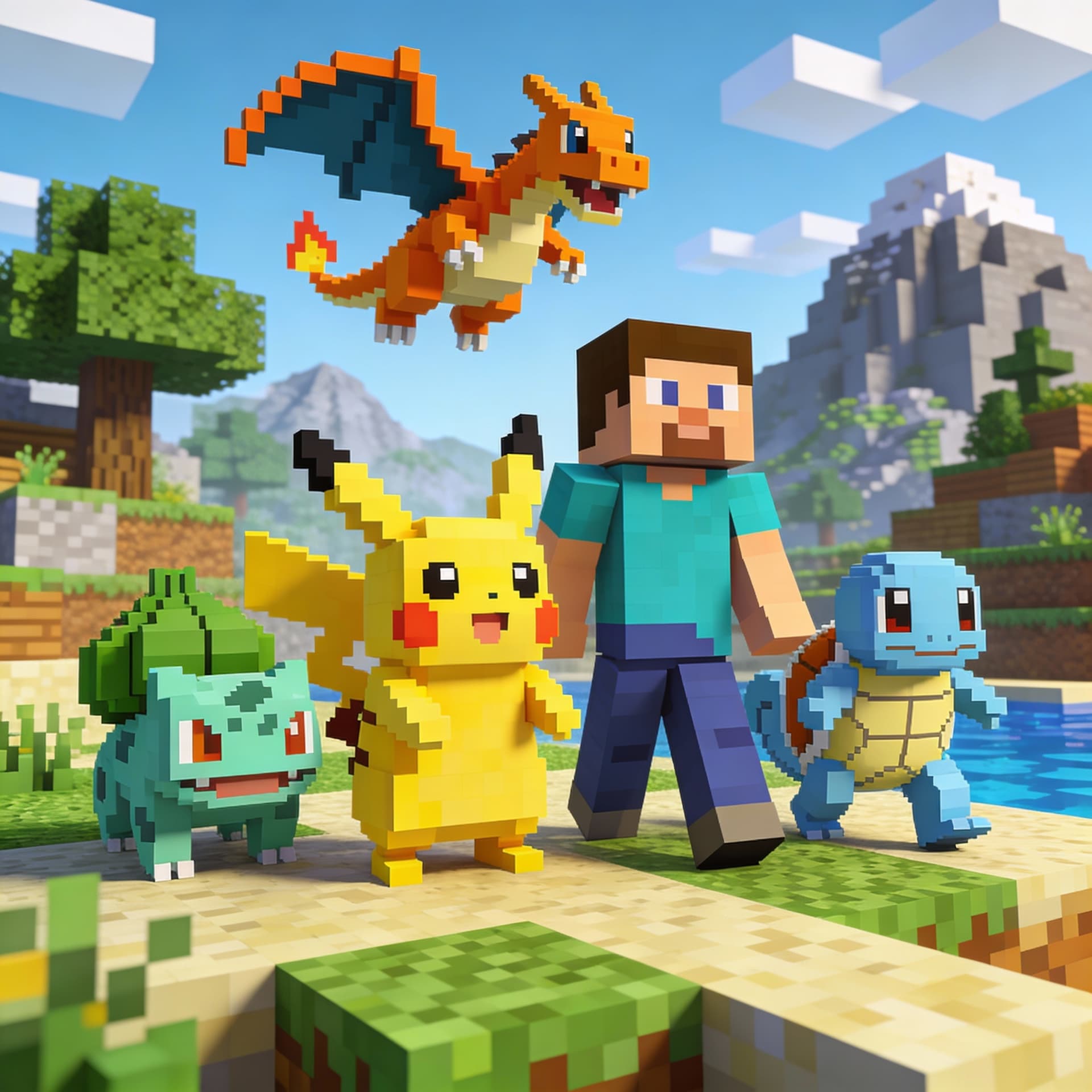 AI generated: High-quality crossover illustration featuring Minecraft characters and Pokémon rendered entirely in ...