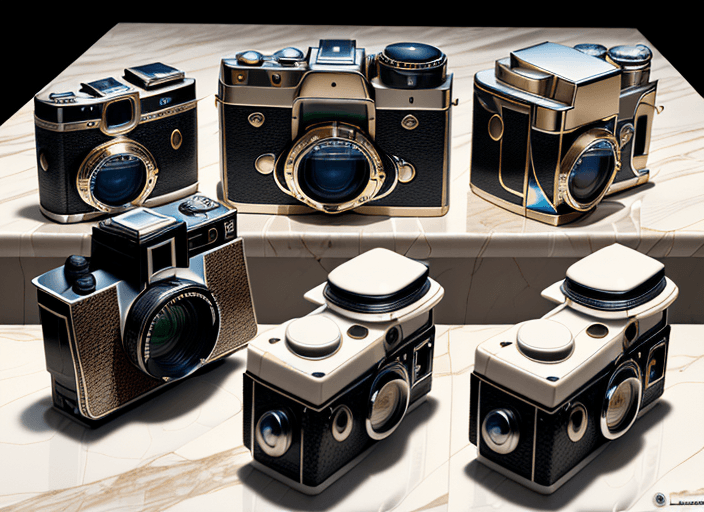 AI generated: Three different cameras arranged in row on countertop, designed by Luigi colani, elevation front vie...