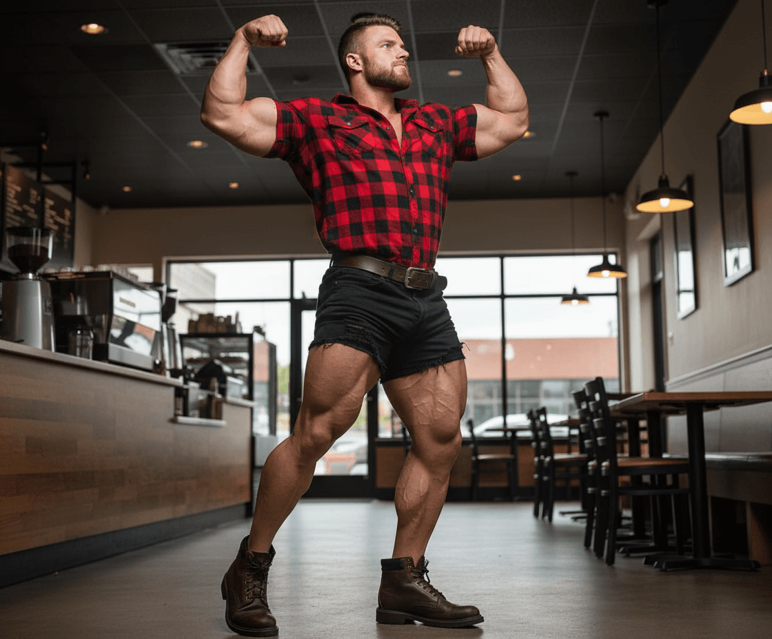 AI generated: At a coffee shop with no customers, the bodybuilder is 6'4" tall, he has huge muscular shoulders and...