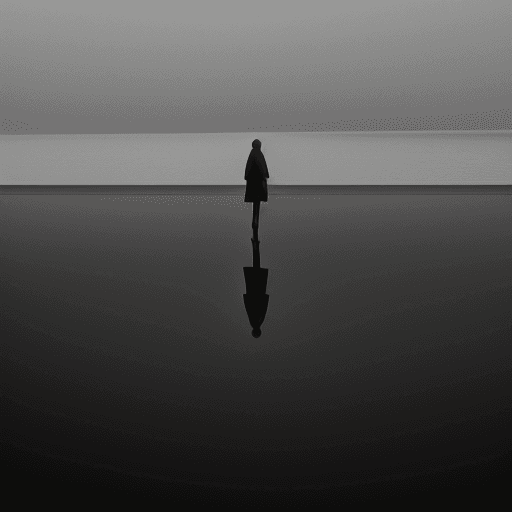 AI generated: lone figure standing at the edge of a still water body, image perfectly reflected below, almost symm...