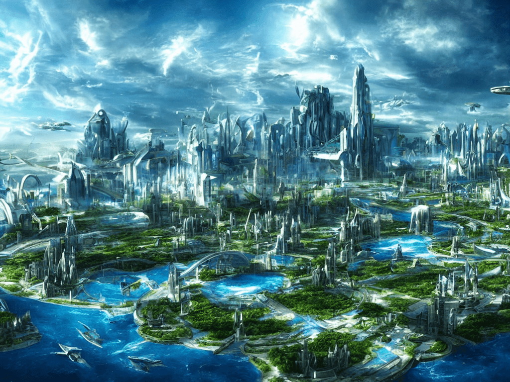 AI generated: futuristic hyper-realistic sci-fi city of atlantis with wispy clouds in a blue sky and lots of natur...