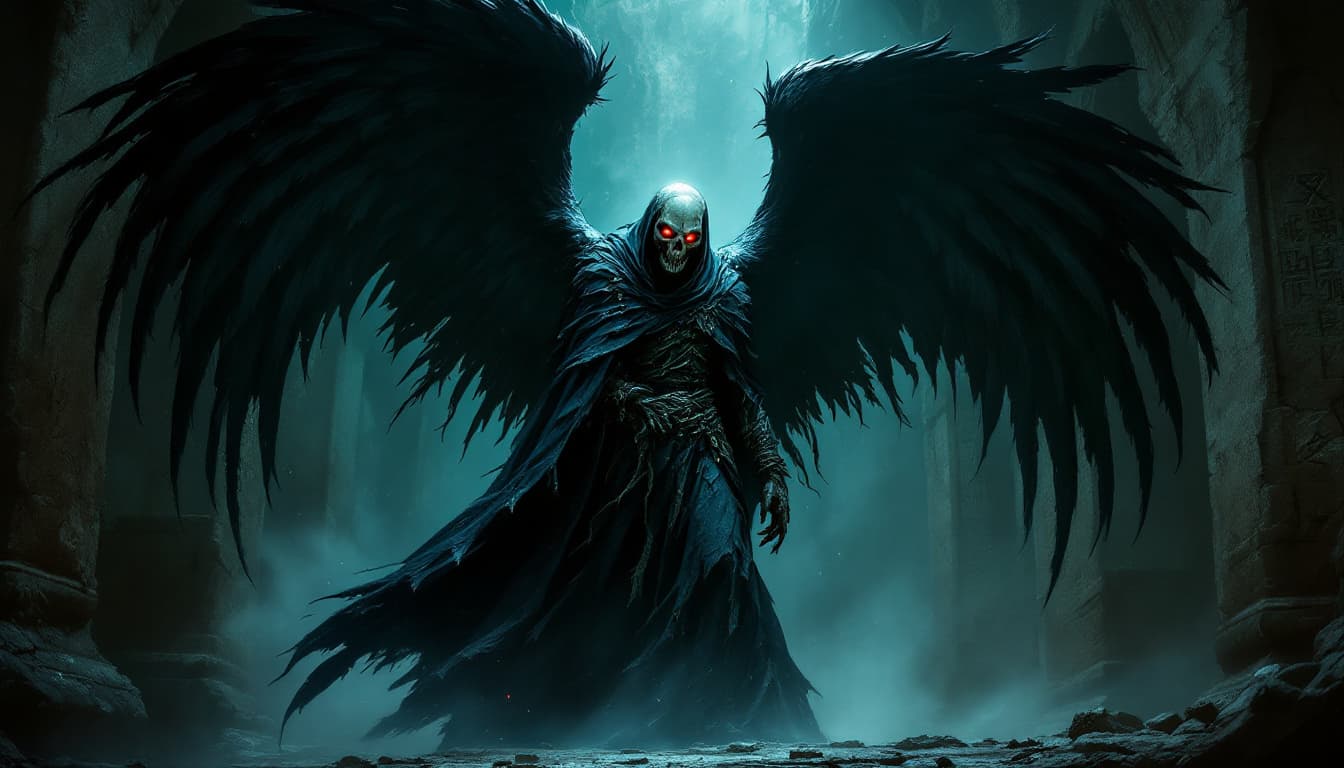 AI generated: A menacing necromancer with a skull for a head, glowing red piercing eyes deep in the sockets, clad ...