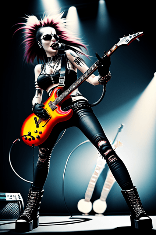 AI generated: (metal music), full body metal rock star woman with micro punk metal effects holding a guitar with M...