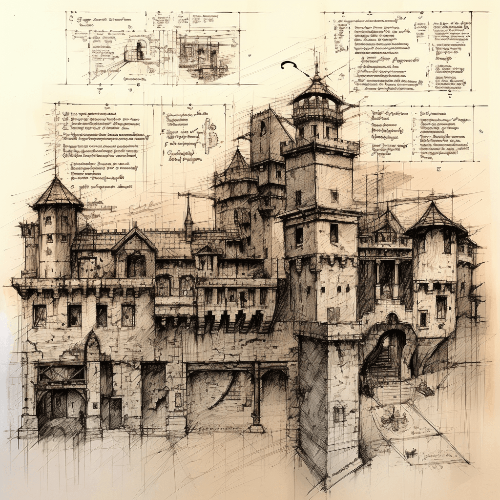 AI generated: detailed with notes, ink sketch of medieval preschool slick design clean lines blueprint perfect awe...