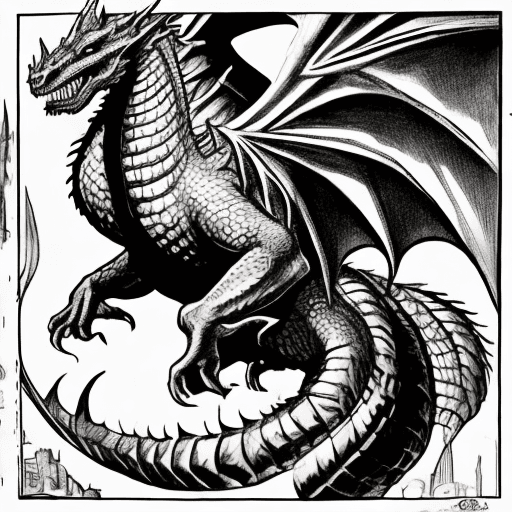 AI generated: Drawing of a medieval dragon, total body, by Hugh Hughes, promotional art, cover art of graphic nove...