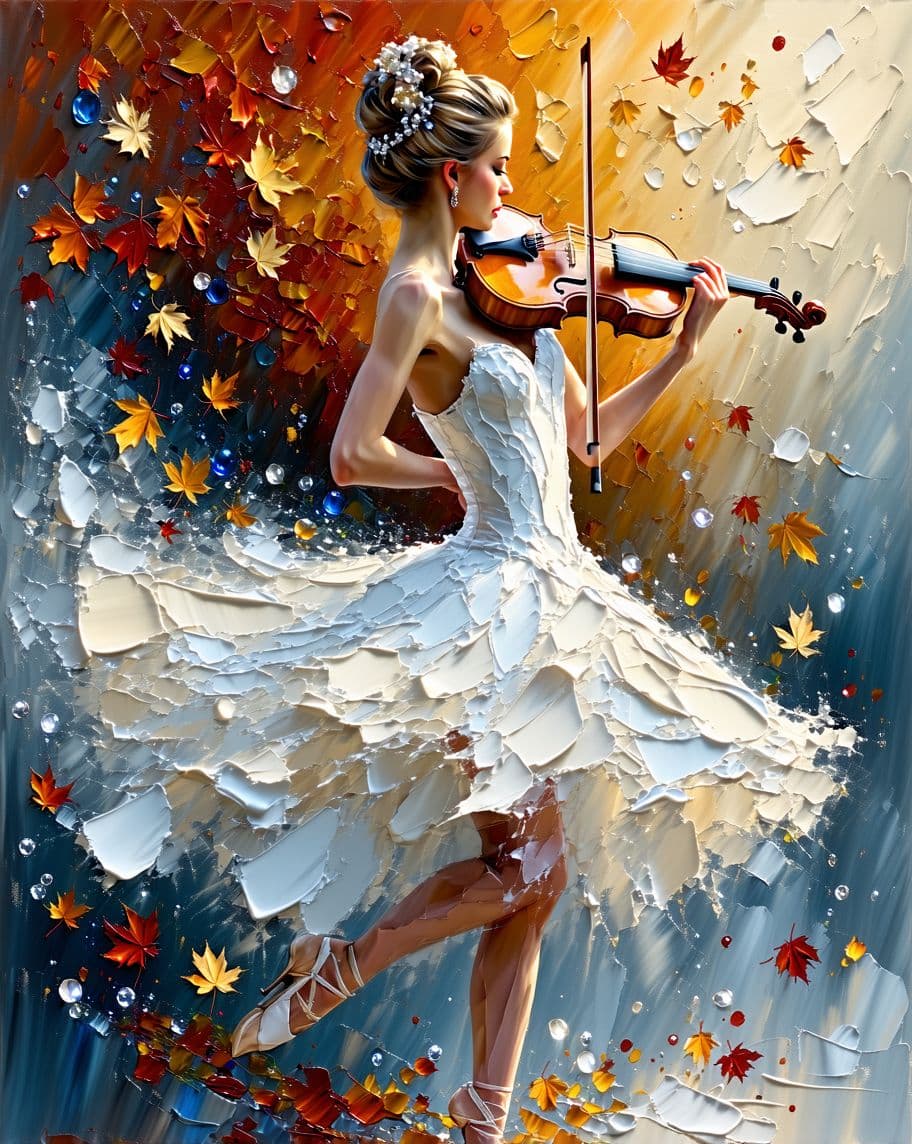 AI generated: A mesmerizing impasto oil painting in the style of Monet, portraying a graceful ballerina with a vio...