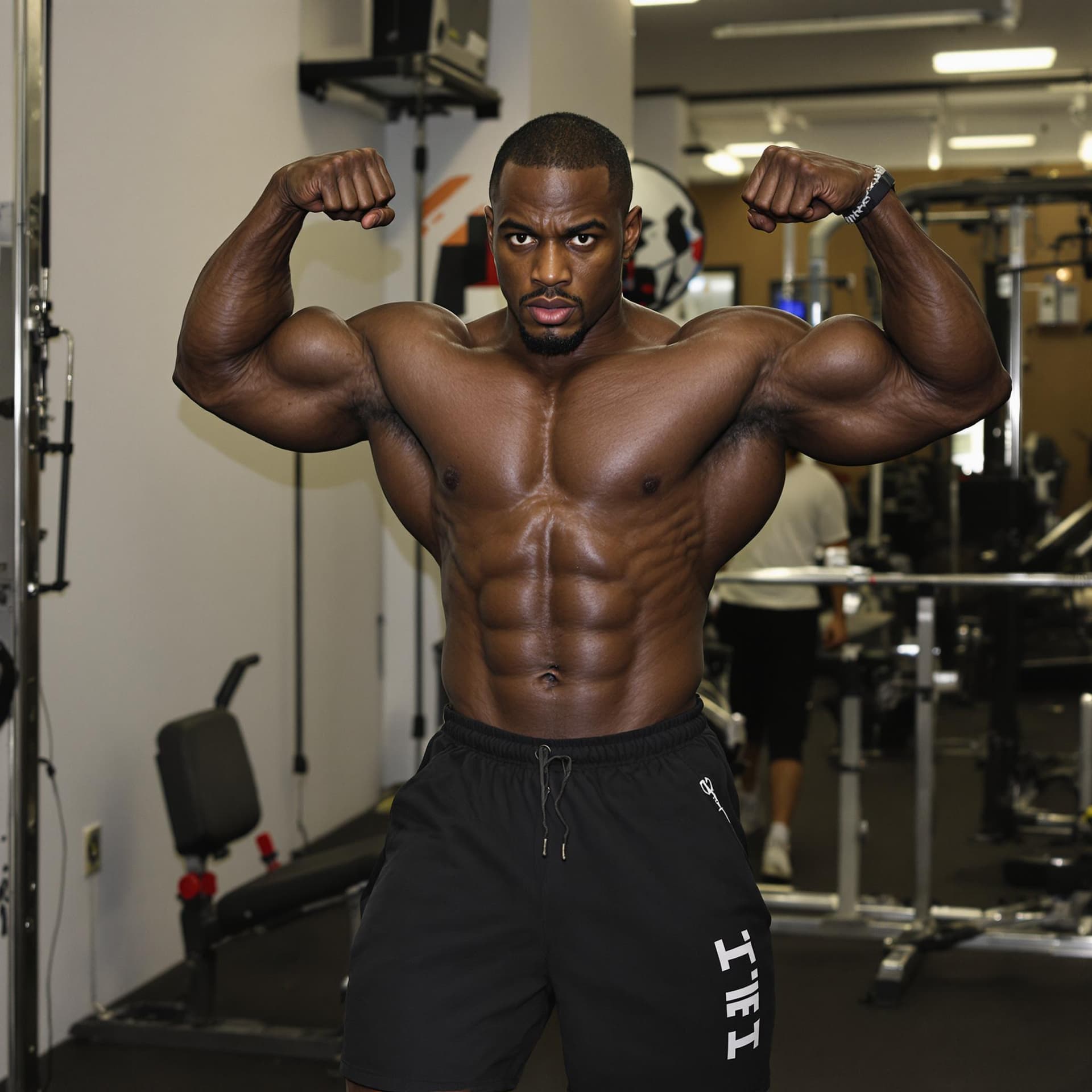 AI generated: a black bodybuilder in gym shorts giving a power pose
