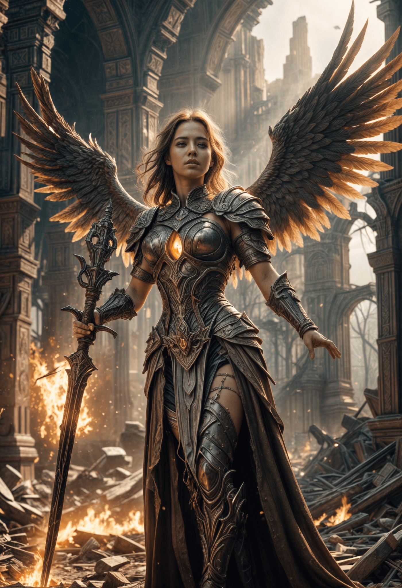 AI generated: an very beautiful apocalyptic angel of jugdements day,dynmaiv lights,epic,glowing ,very high sunligh...