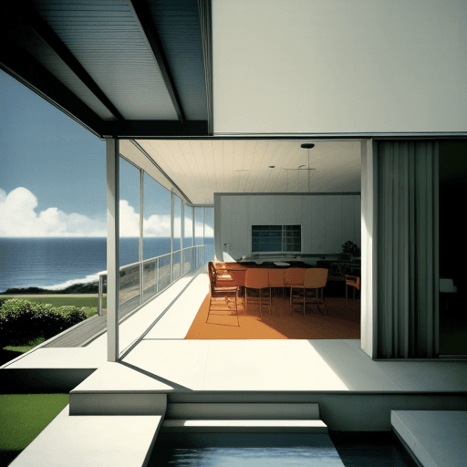 AI generated: Hyper realistic eye level exterior photo of a mid century modern style house overlooking the ocean, ...