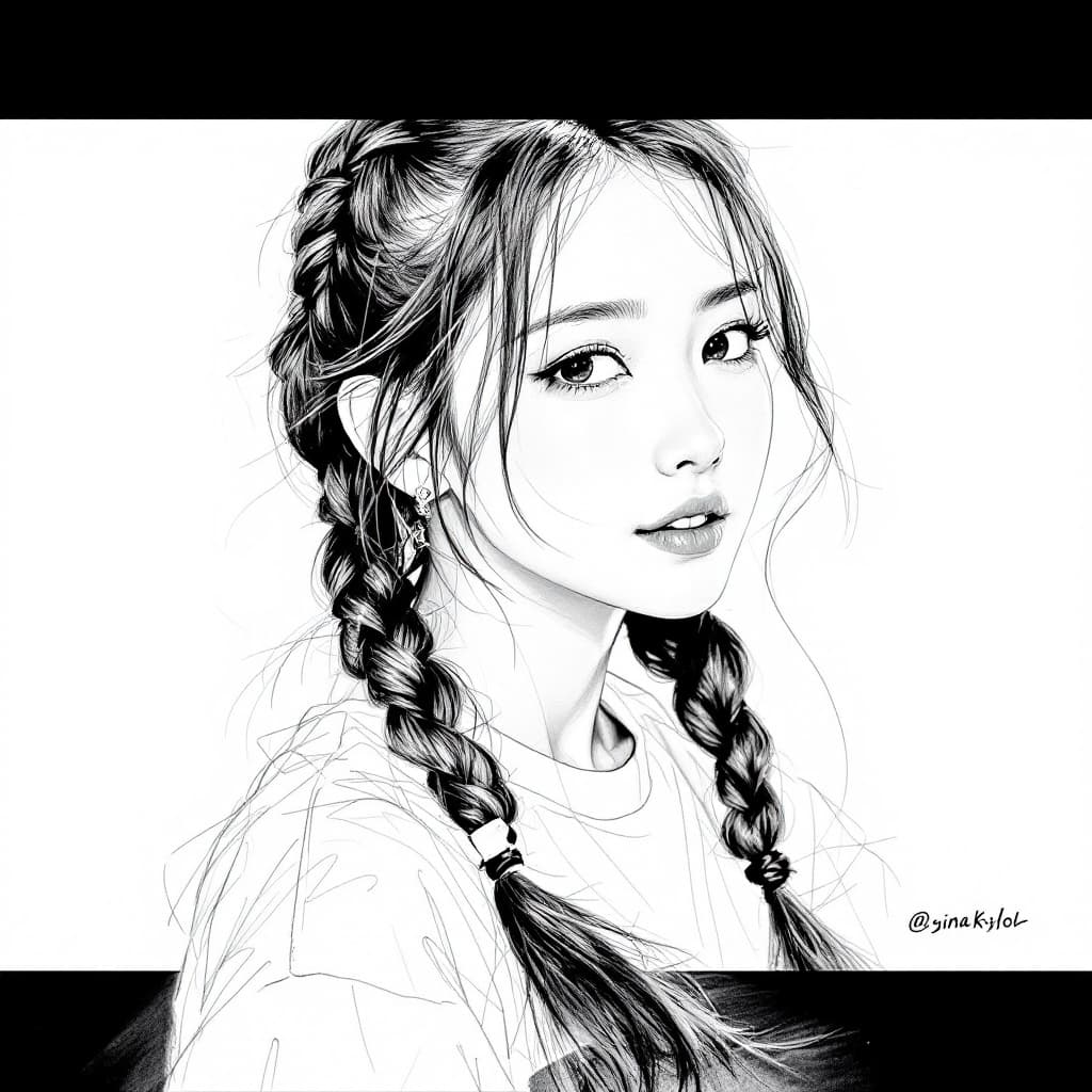 AI generated: A pencil sketch of an Asian woman with her hair in two braids, dressed as a Korean girl idol, wearin...
