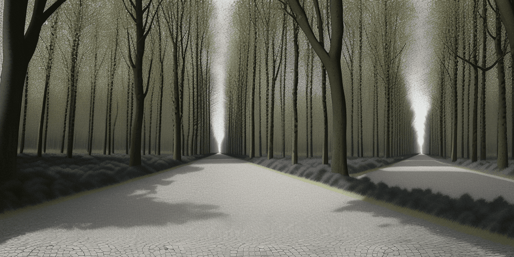 AI generated: stretch of the Arenberg Forest, of the Paris-Roubaix cycling race, in cartoon style, showing the pav...