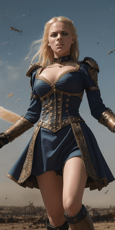 AI generated: She has an angry look on her face. Blonde hair and blue eyes. She wears a steampunk renaissance dres...