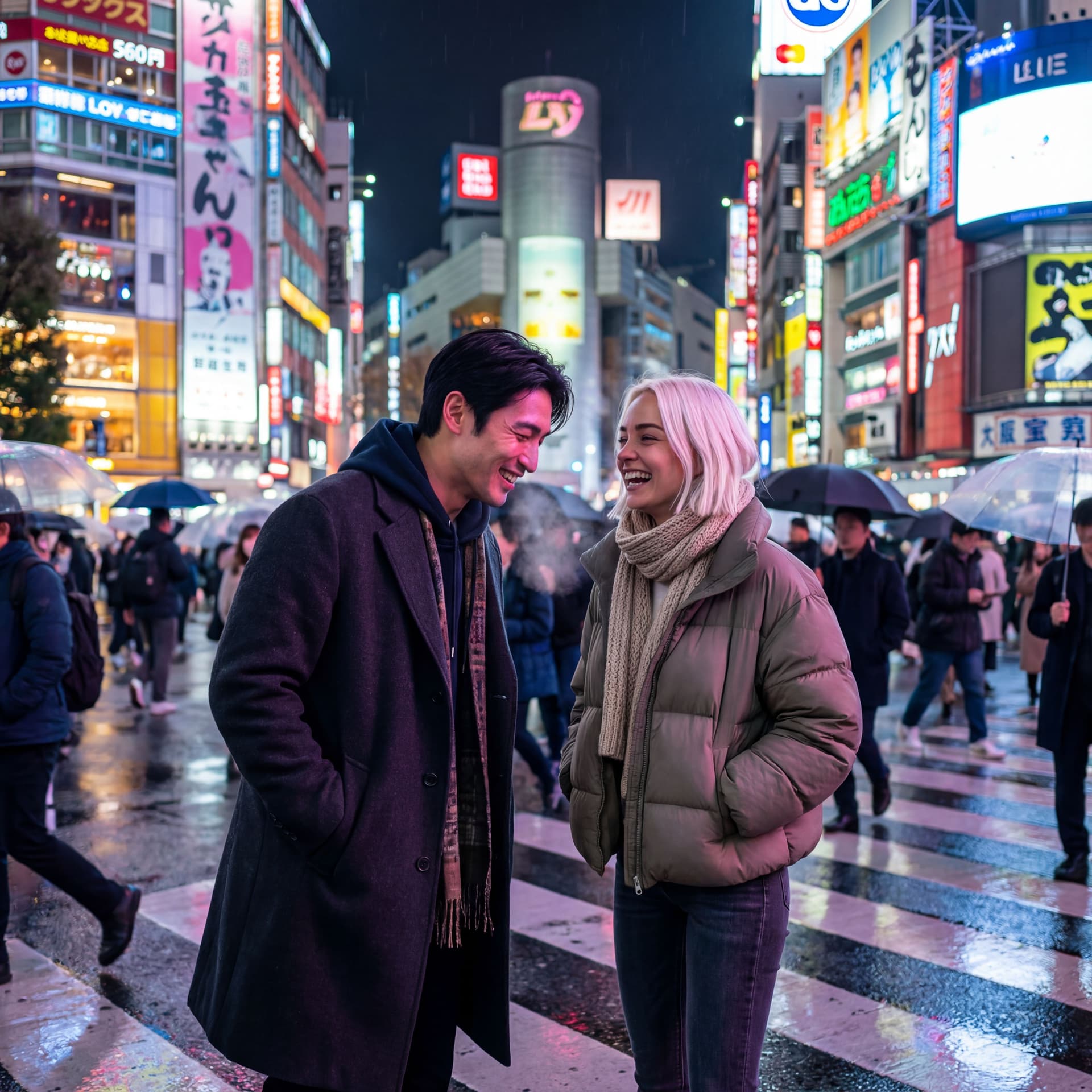 AI generated: Lilith and Ren standing together in a neon-lit Tokyo street at night, inspired by Shibuya Crossing a...